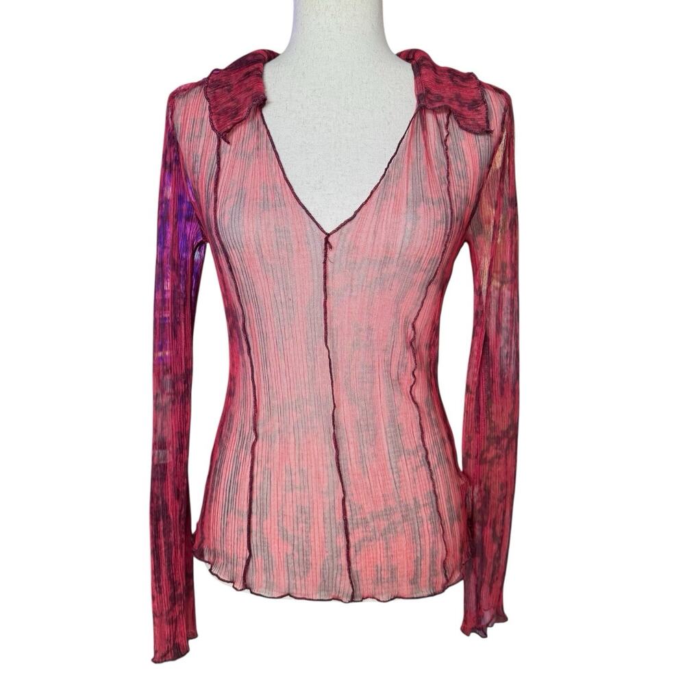 Free People Sheer Crinkled Mesh Blouse Red Pink Purple Tie-Dye Size Small